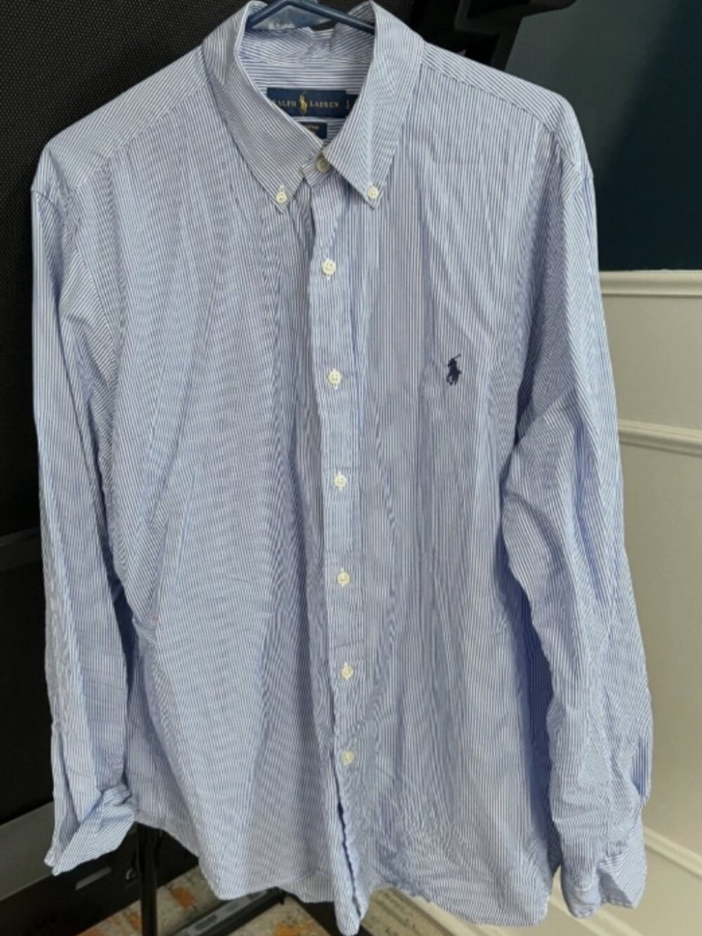 Ralph Lauren Mens Striped Button Down Shirt Blue Cotton Dress Shirt Large